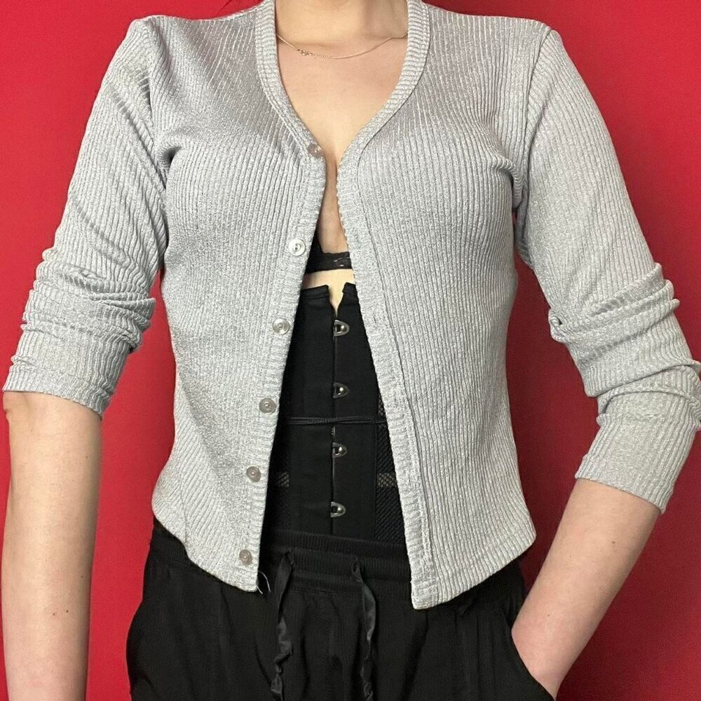 Beechers brook fairweather Silver/blue cropped long sleeeve cardigan​​​​​​​​​​​​